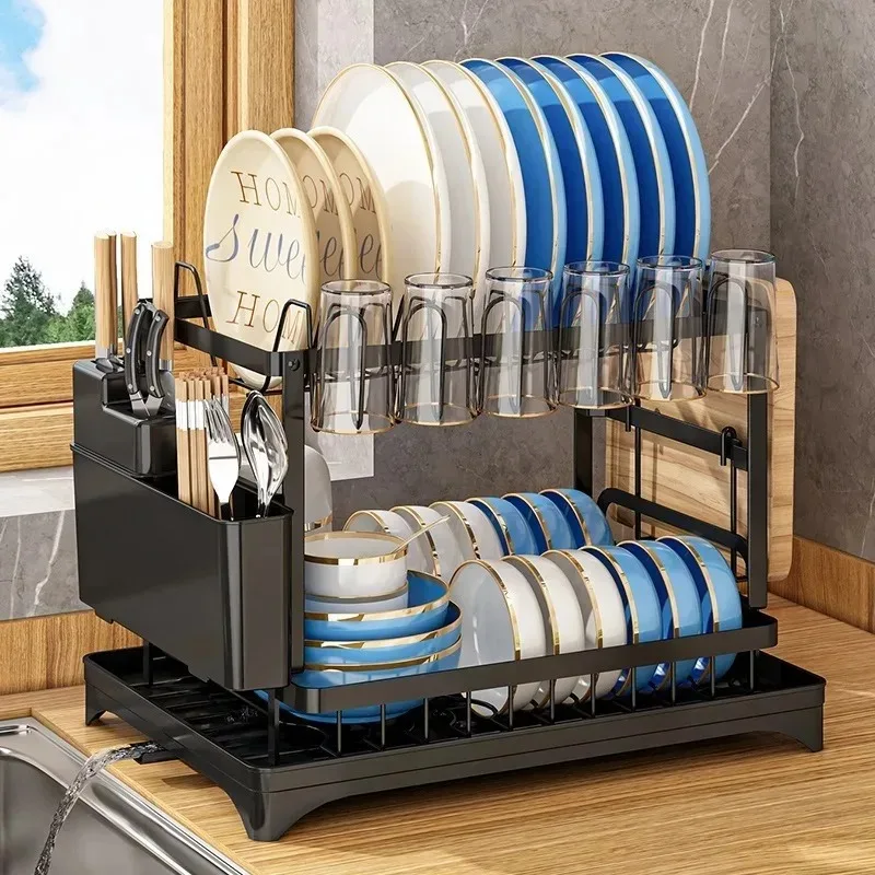 Novo Escorredor de Louça para Cozinha, Suporte de Armazenamento de Pratos, Prateleira Dupla Multifuncional para Utensílios Domésticos