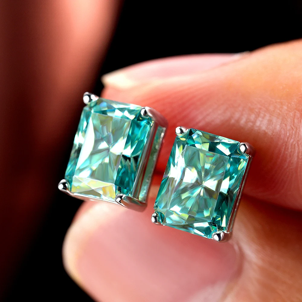1/2CT Blue Radiant Cut Moissanite Earrings for Women Certified Lab Diamond Solid 925 Silver Rectangle Solitaire Ear Stud Jewelry