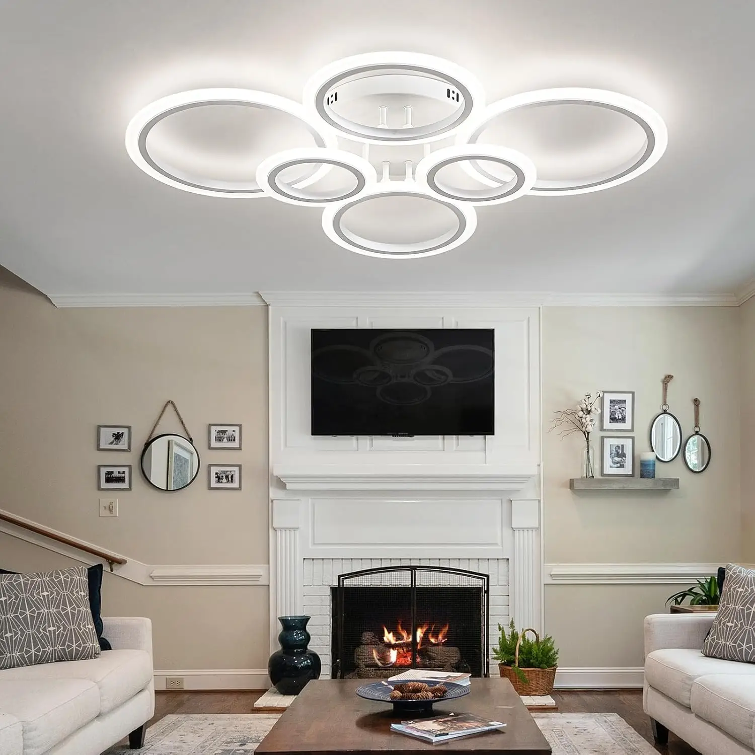 

Modern LED Ceiling Light, White 6 Rings 4000K Lighting Fixture Ceiling Lamp for Kitchen Bedroom Living Room Laundry Room