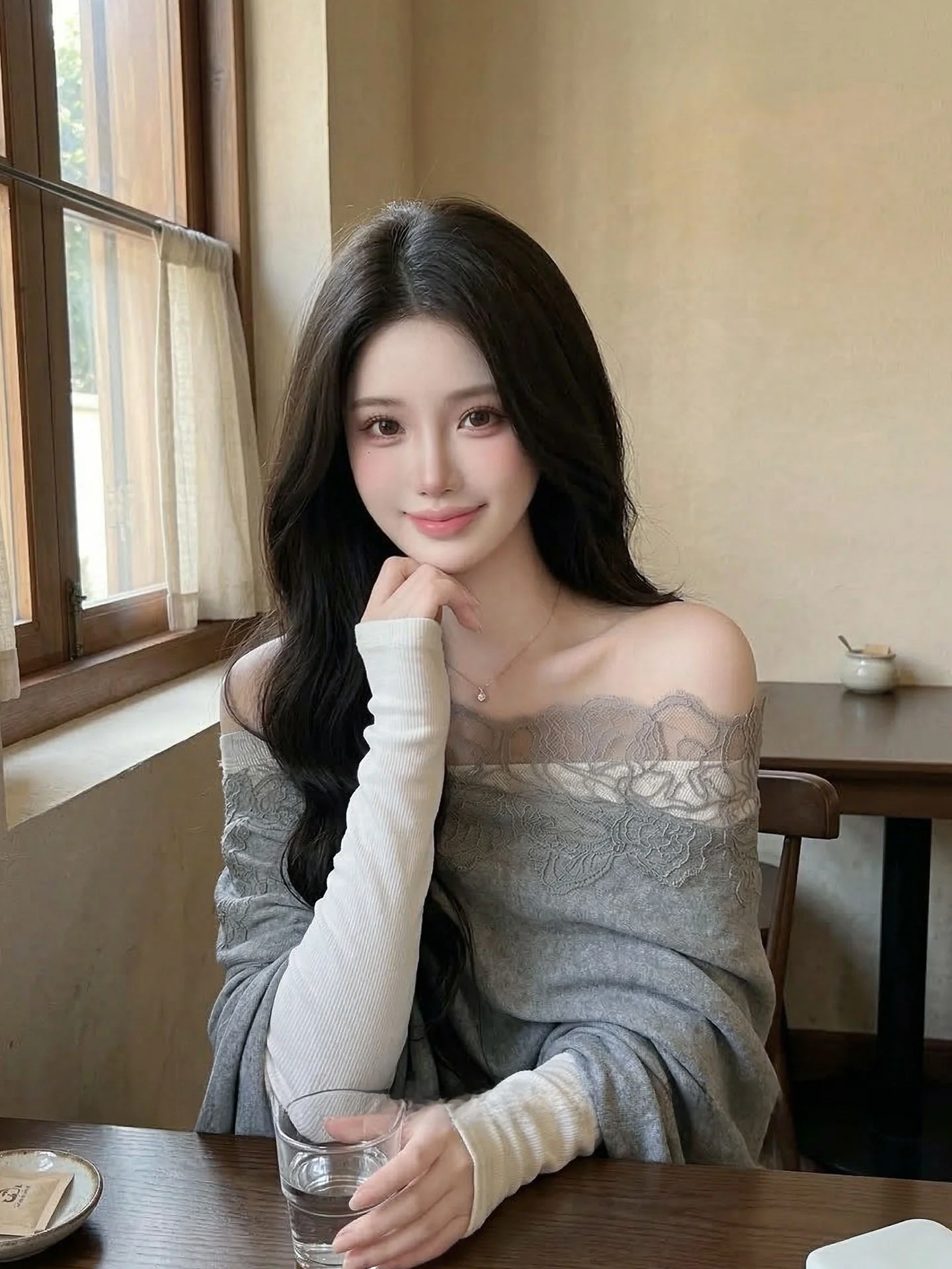 

Gray Lace One Shoulder Knitted Sweater Women's Spring High-End Loose Lazy Style Slimming Small Size Shoulder Exposure Top