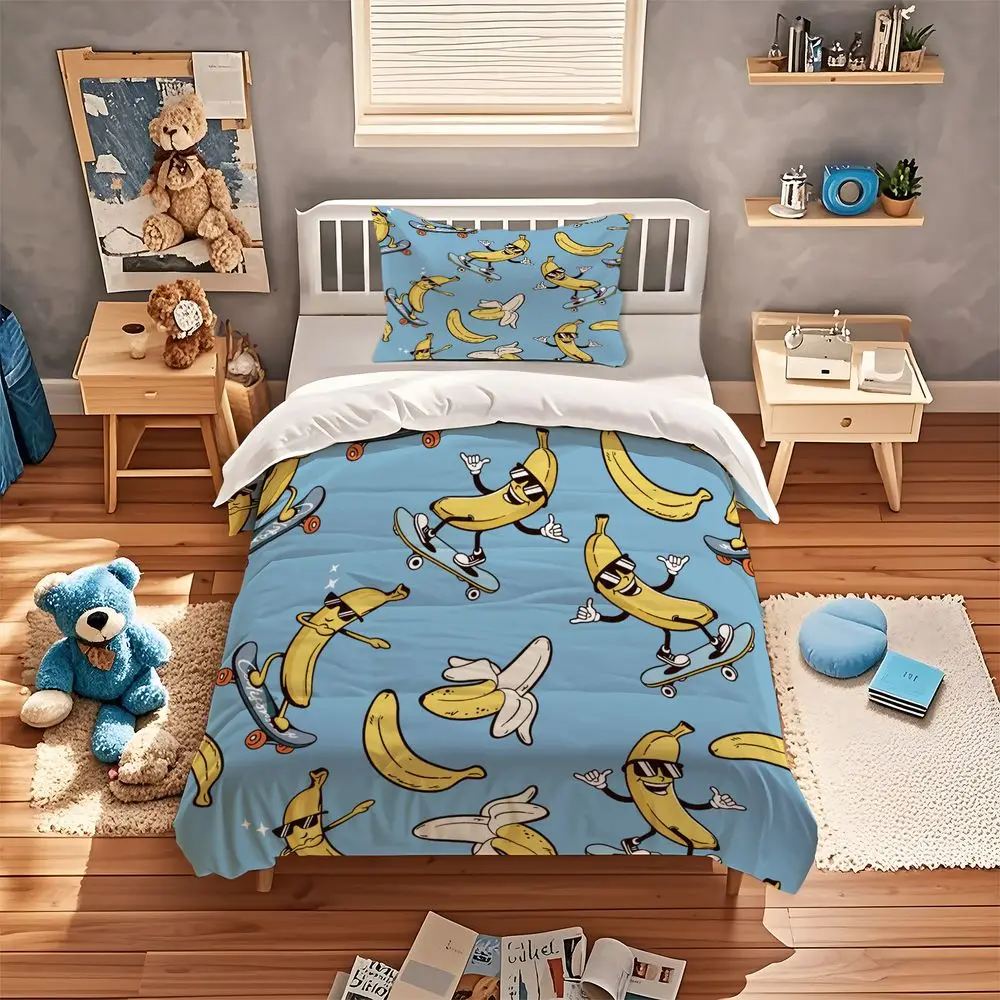 Banana Duvet Cover Set Funny Cartoon Pattern Bedding Set Digital Print Microfiber Quilt Cover for Teen Bedroom