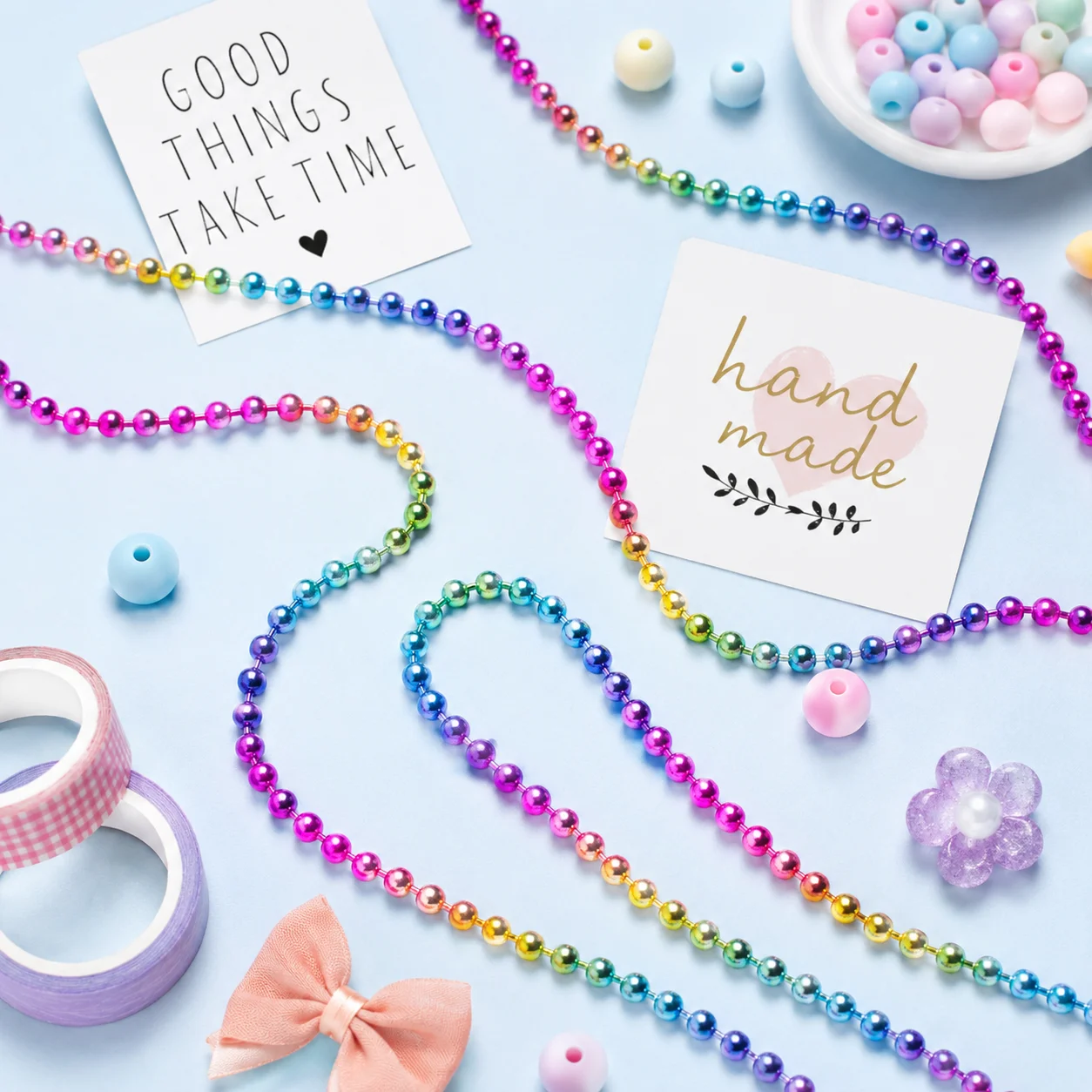 Rainbow Iridescent Metal Ball Bead Chain 600mm Plated Beaded Chain For DIY Keychain Necklace Jewelry Findings Craft Accessories