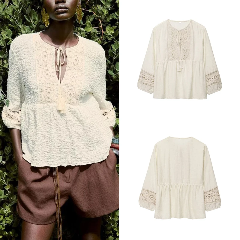 

2025 Summer New Women's Faionable V-ne Long Sve Knitted Patchwork irt Versatile Sle Commute Wind Loose Fit Polyester