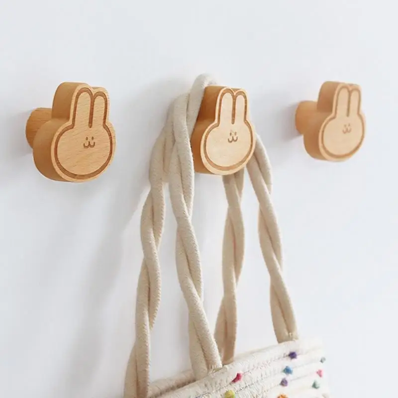 Wooden Hook Portable Wall Mounted Keys Storage Holder Reusable Rabbit Shape Design Coat Hanger For Home Living Room Accessories