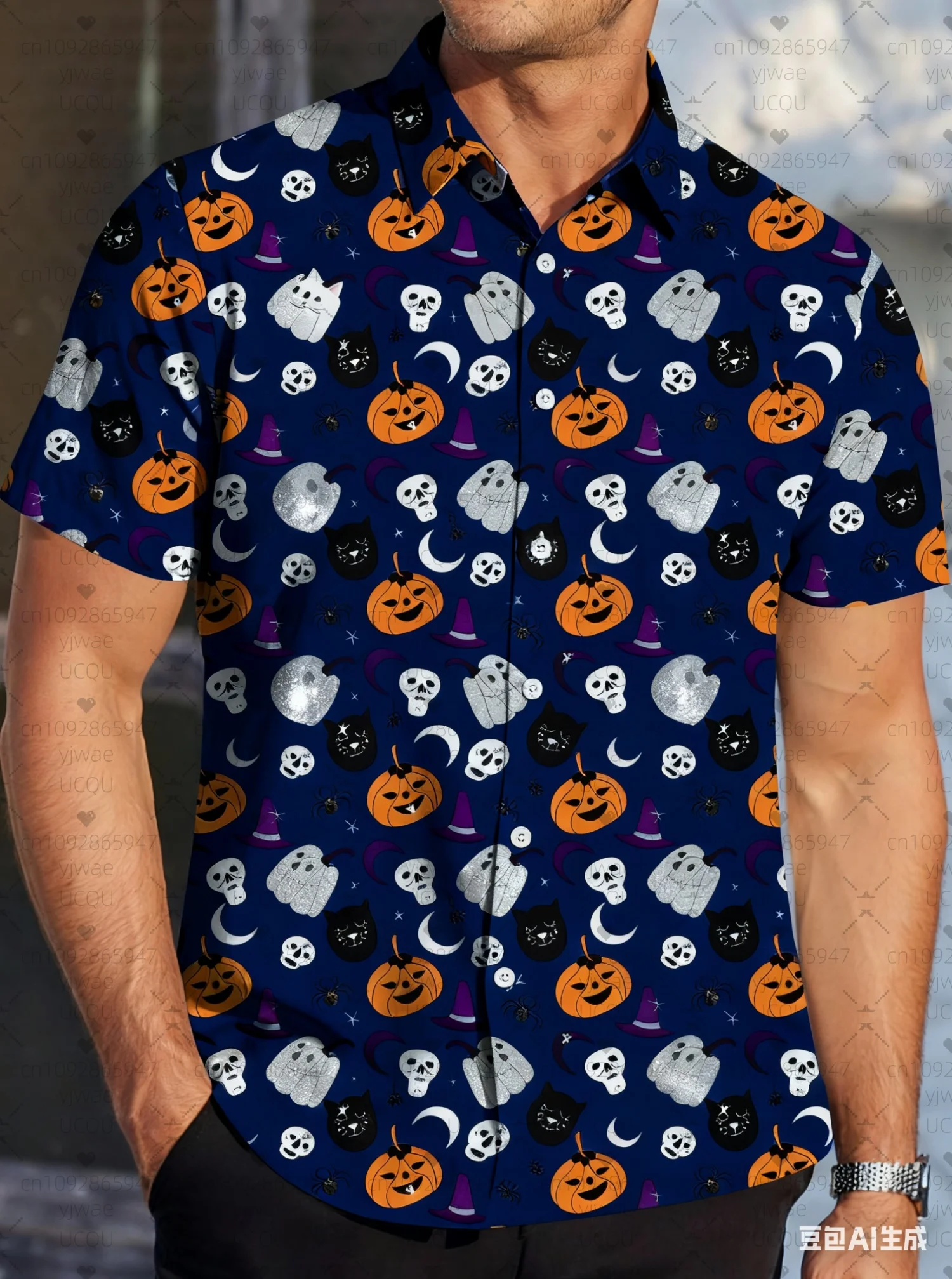 

Мужская рубашка с короткими рукавами и лацканами с графическим принтом тыквы на Хэллоуин, мужские повседневные рубашки на пуговицах для лета, повседневная одежда, рубашки