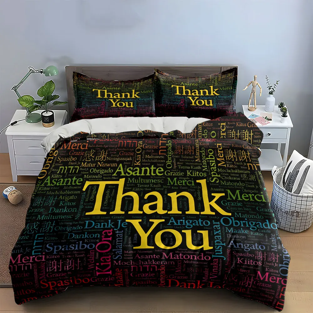 Multilingual Thank You Decor Set Soft Skin-Friendly Bedding Set Includes 1 Duvet Cover And 2 Pillowcase, Gift