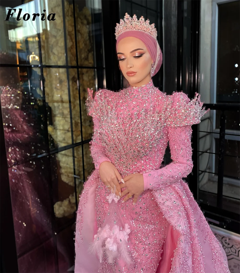 

Muslim Pink Long Sleeves Evening Dresses Beaded Crystals Prom Dress Robes De Soirée Saudi Arabia Wedding Party Gowns Customized