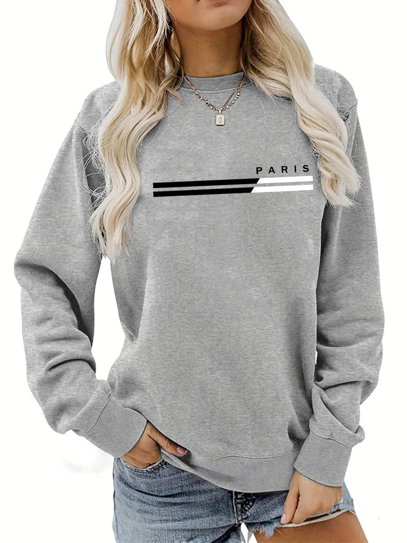 Women's autumn and winter casual, fashionable, loose, comfortable, warm, Paris pattern printed round neck long sleeved pullover