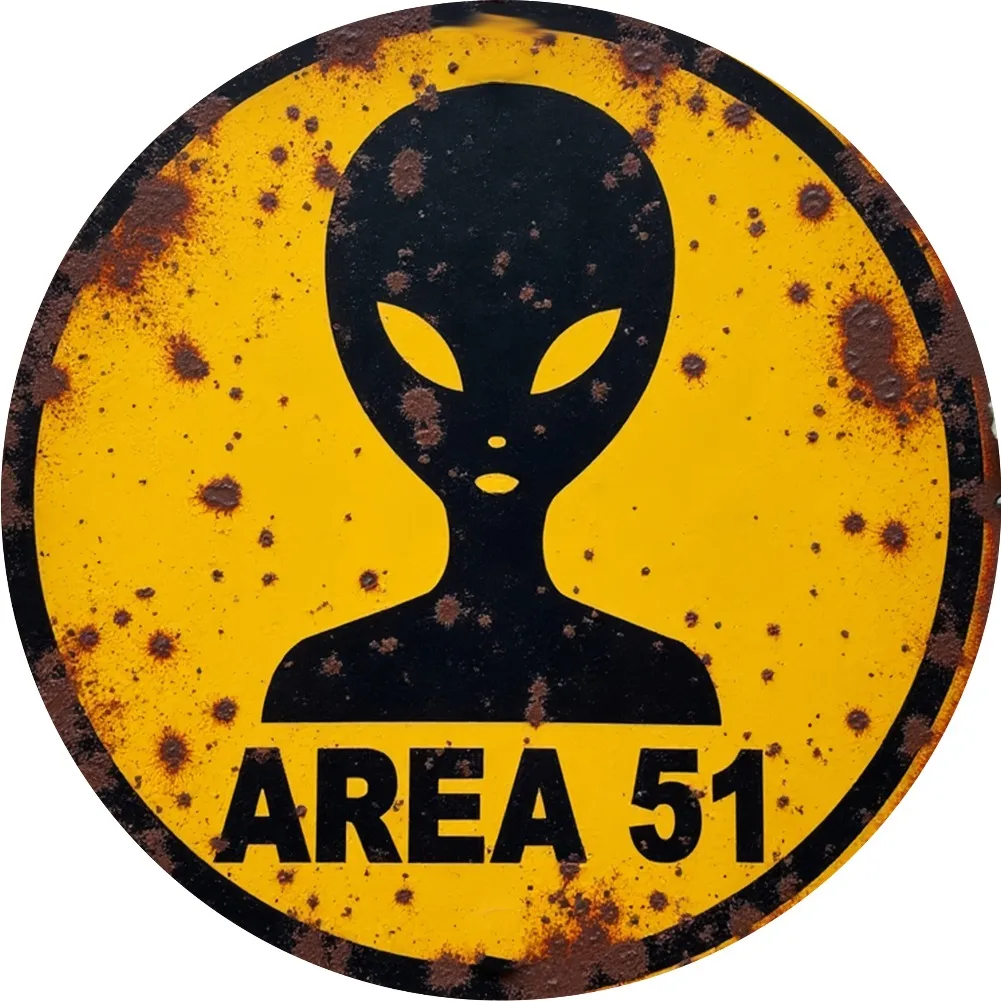 2D Flat, 2D Flat Area 51 Alien Retro Metallschild – Vintage UFO Außerirdische Dekoration mit, gelbem Hintergrund und schwarzem Alien