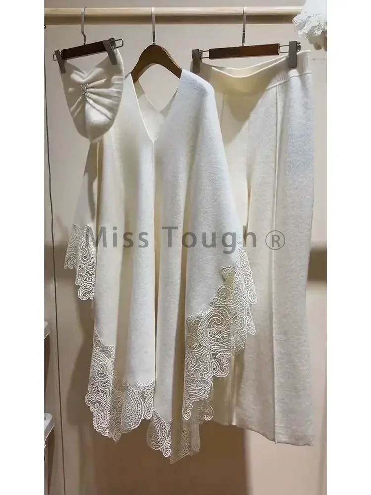 Autumn and Winter New High-end Light Luxury Temperament Loose Knitted Cape Sweater Pants Set White Two Piece Set Women Outfit