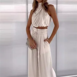 Women Beige Two Piece Pants Sets Pleated Texture Sleeveless Top Higt Waist Wide Leg Pants Outfit Elegant Party Loose Suits 2024