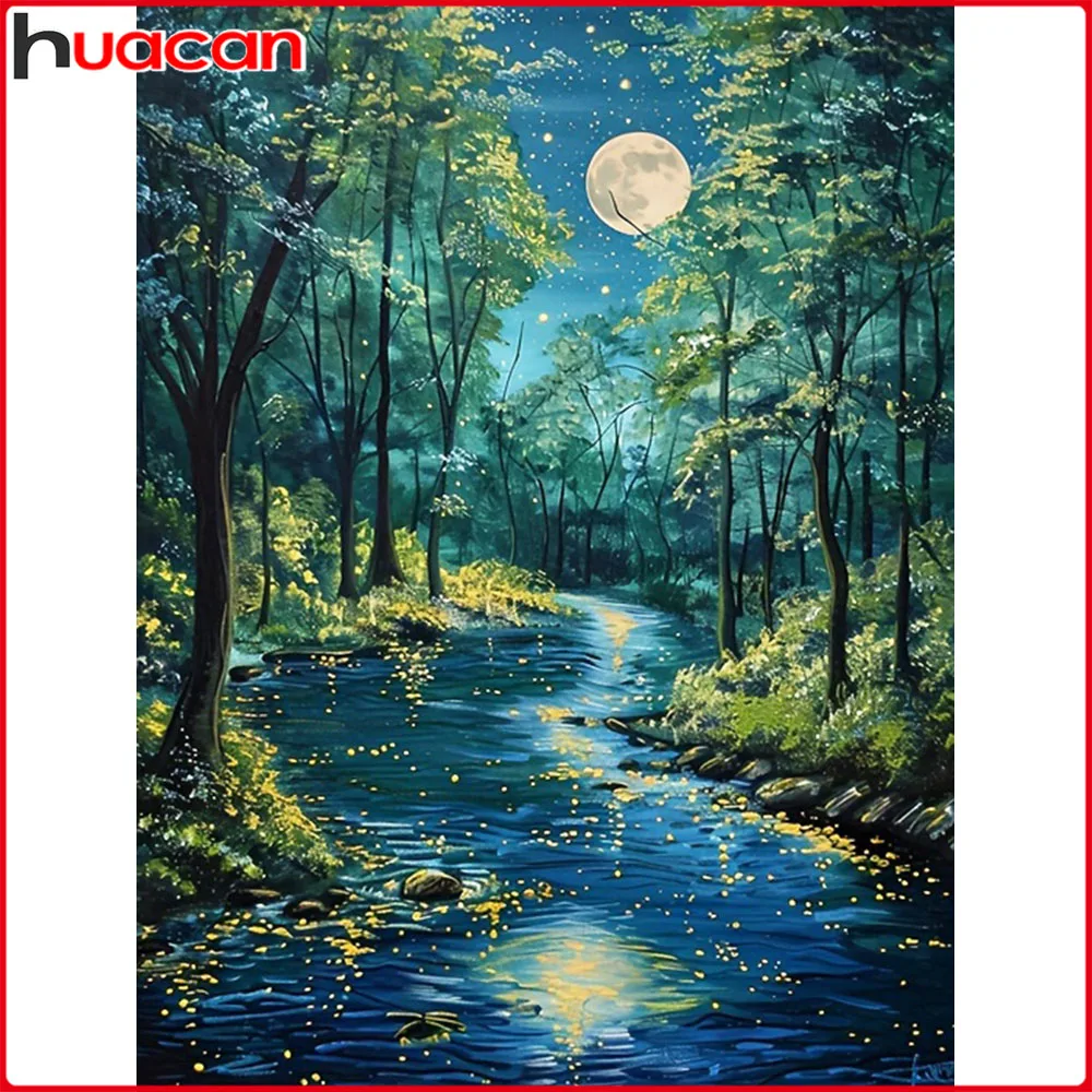 Huacan Diamantgemälde Wald Mond Riner Diamant Mosaik Landschaft Komplettset Dekorative Gemälde