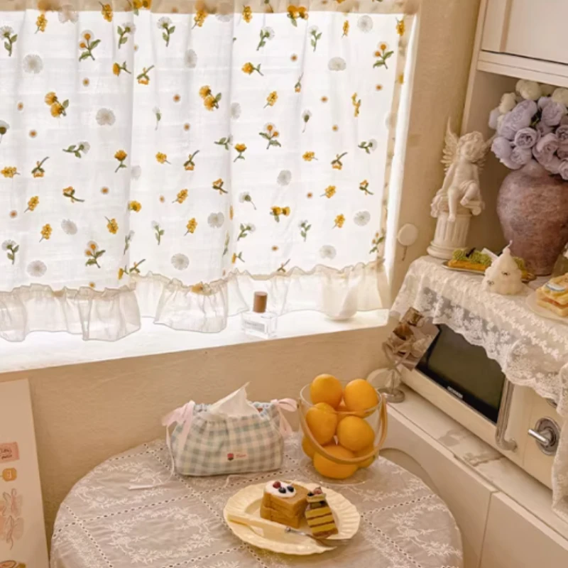 Beige Small Daisy Floral Half‑Short Drape Light‑impermeable Gauze Custom Size Window Curtain for Living Dining Room Bedroom