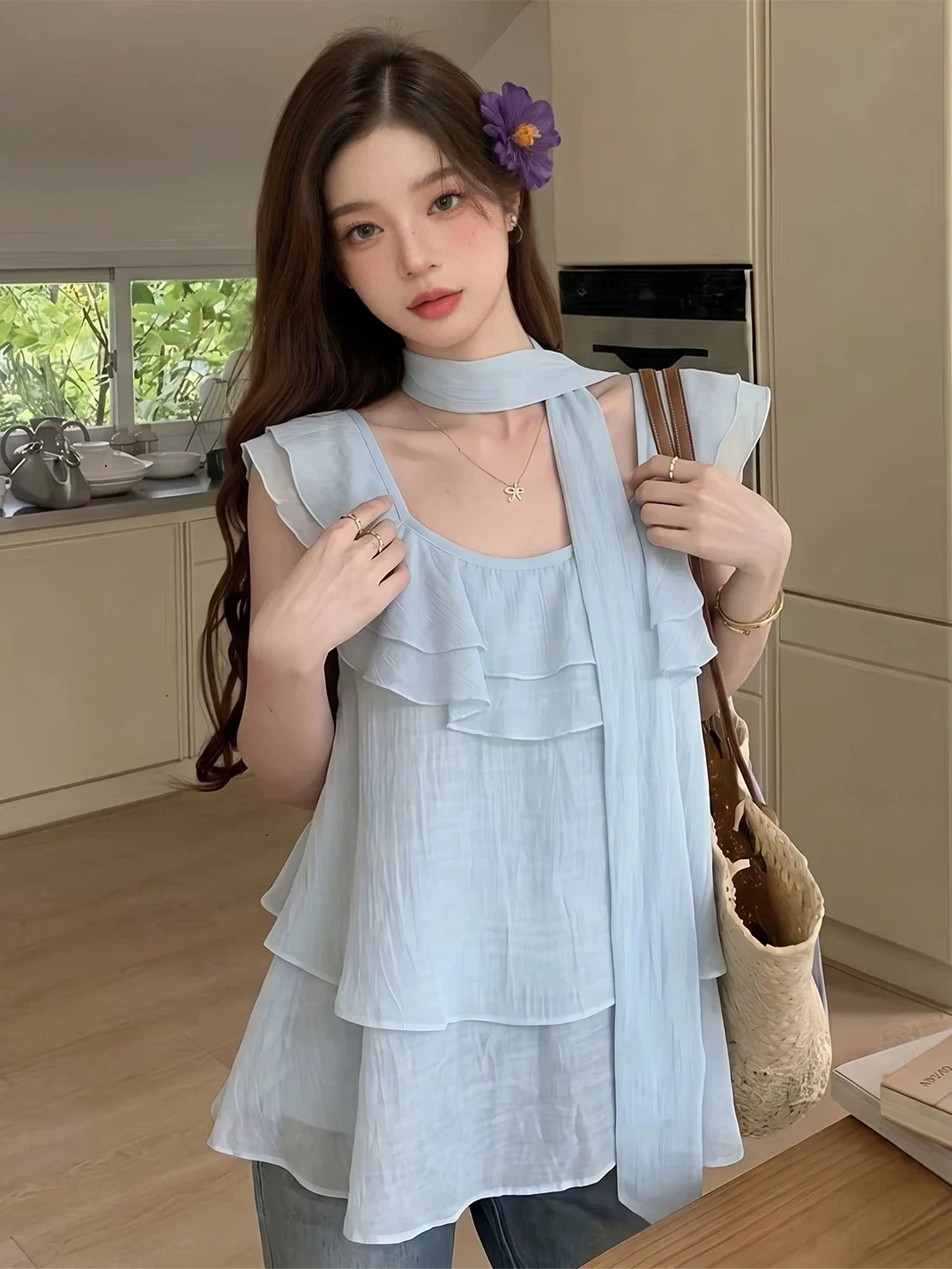

Elegant Korean Style Women's Summer Shirt Bow Tie Chiffon Top Slimming Sweet Style Gentlewoman's Fashion Grace Reducing Age