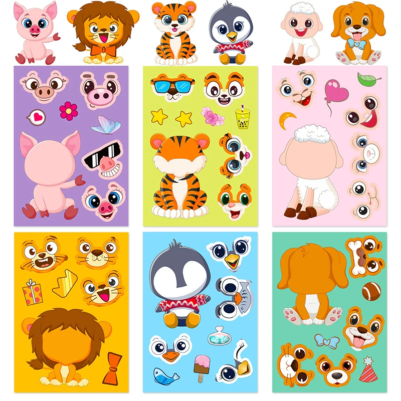6 Sheets/Set Cartoon Animal DIY Puzzle Sticker Kids Handmade Assemble Kawaii Animal Make a Face Sticker Game Toy