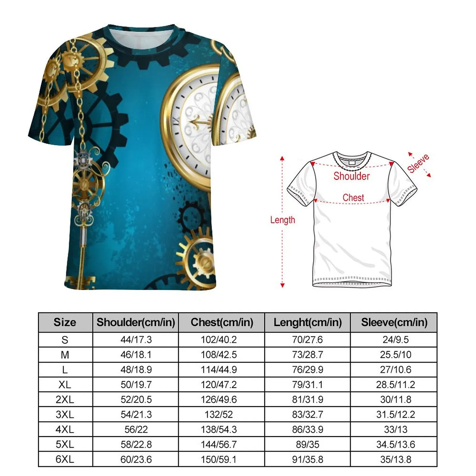 Oversize Steampun Turquoise Gears T-Shirts Vintage Steam Punk Antique Streetwear T Shirt Short Sleeve Summer Design Tops