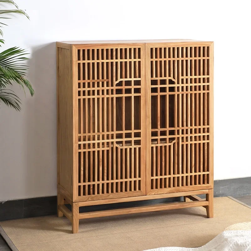 Chinese living room wooden cabinet three-layer storage cabinet elm wood wall cabinet