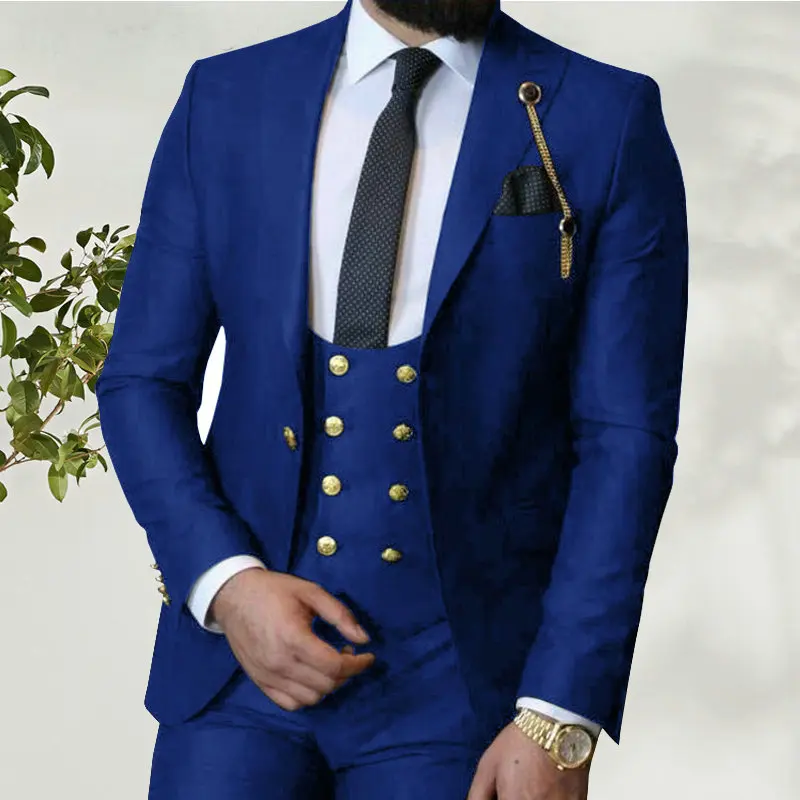 

Business Men's Suit 3 Pieces Double-Breasted Vest Royal Blue Blazer Gold Buttons Slim Fit Tuxedos For Wedding Groom Suits