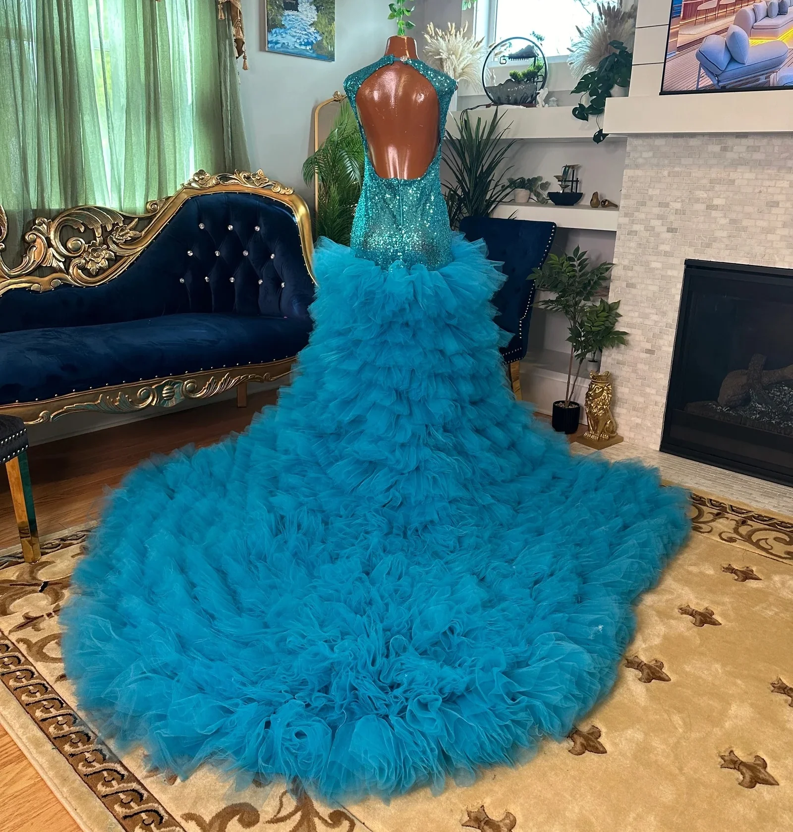 Abiti lunghi da ballo verde acqua per ragazze nere Volant con perline trasparenti Abiti da sera africani americani Abito da festa di compleanno personalizzato