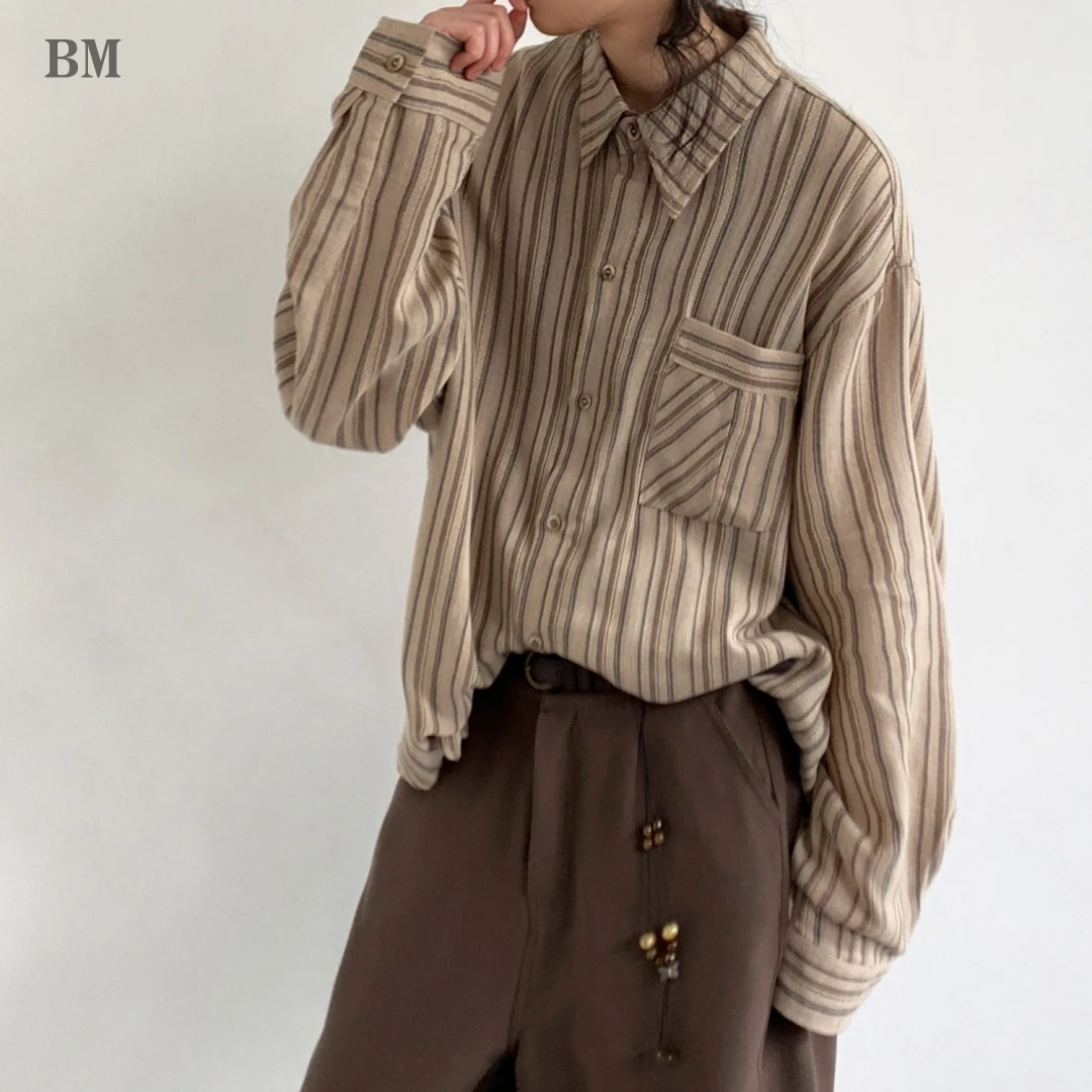 Unisex Long Sleeve Shirt Vintage Striped Collar Loose Oversized Trendy College Retro Preppy Spring Autumn Youth Casual Top