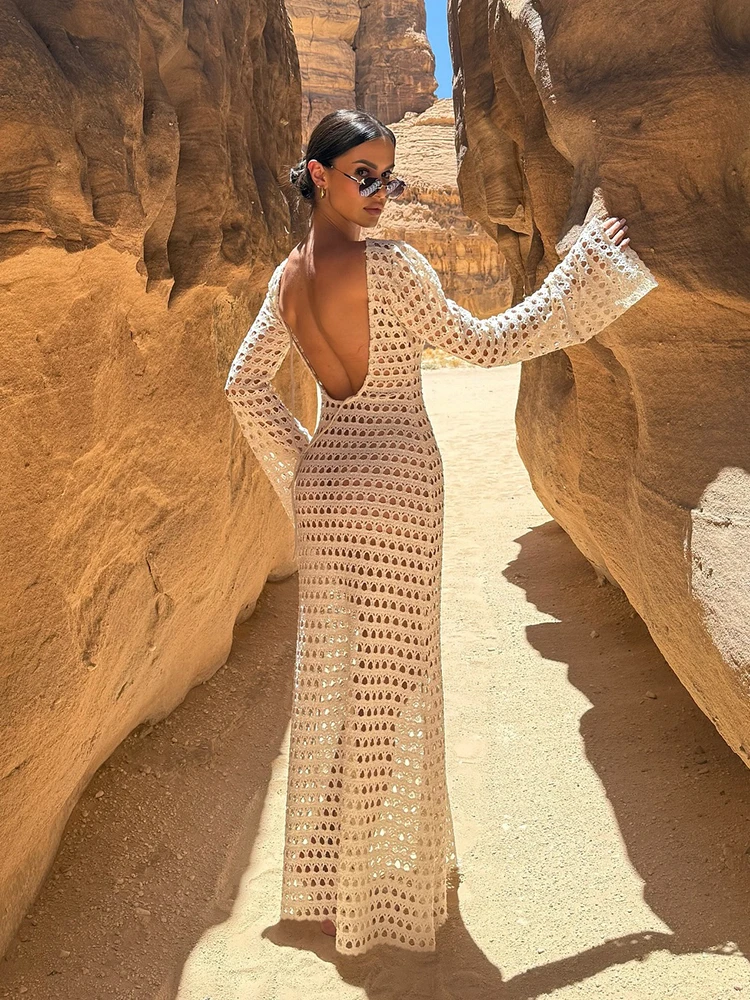 2026 Women's Summer Slim Outfits Vacation Swimsuit Cover Dress New Sexy Knit Mesh Backless Long Bell Sleeve Beach Maxi Dress