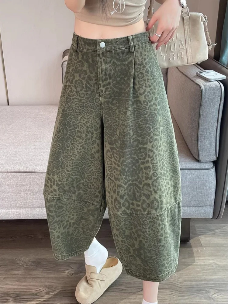 High Waist Leopard Print Wide Leg Jeans Women's Summer 2026 New Style Casual Straight Cut Nine Point Pants Fashionable