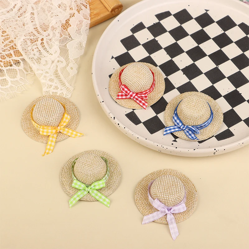 

2Pcs Miniature Straw Hat Mini Doll Bow Hat Doll House Ornament Hand Weaved Dollhouse Accessories