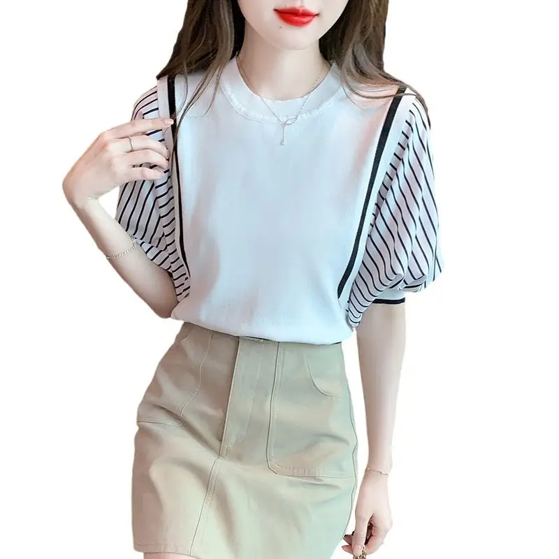 Summer Fashion Two-piece Striped Patchwork Short Sleeved T-shirt Women\'s Clothing Round Neck Loose Half Sleeve Pullover Top