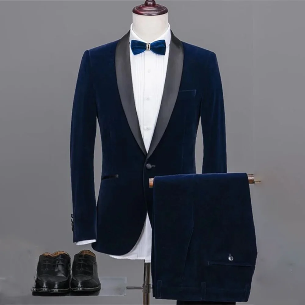 

Velvet Fashion Men's Suit 2 Pieces Jacket Pants Business Casual Wedding Groom Tuxedo Dinner Party Blazer Set Formal Outfits