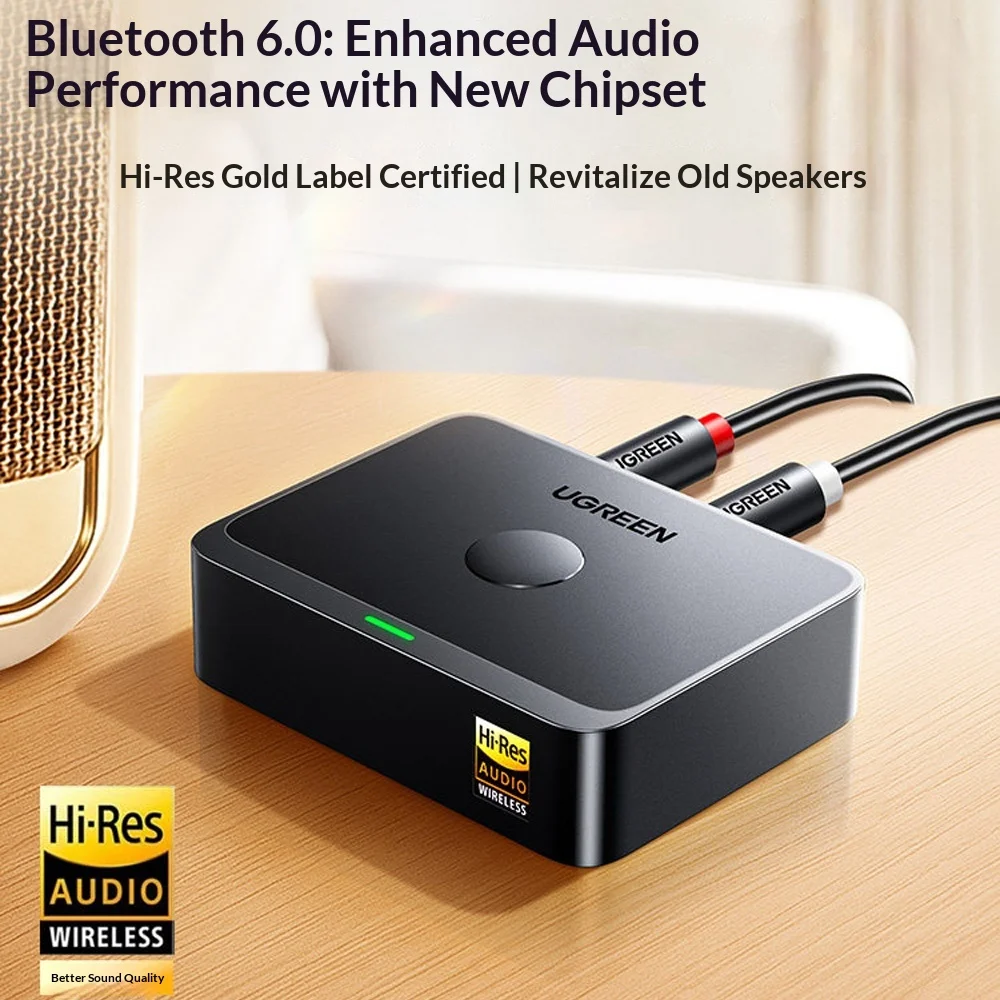 UGREEN BT505 AUX 블루투스 리시버 LDAC AAC 하이파이 3.5mm 잭 2RCA RCA 오디오 블루투스 6.0 어댑터 리시버 15시간 차량용 스피커