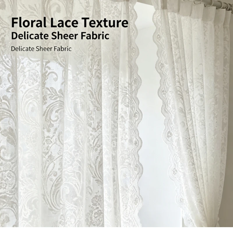 Vintage Lace Sheer Curtain With Pearl Bead Trim For Bedroom Balcony Window Decor Easy and portable installation