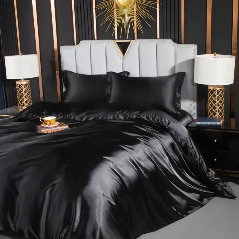 

Solid Silk Bedding Set with Duvet Cover Fitted/Flat Bed Sheet Pillowcase Luxury Couple Bedsheet King Queen Double Twin Size