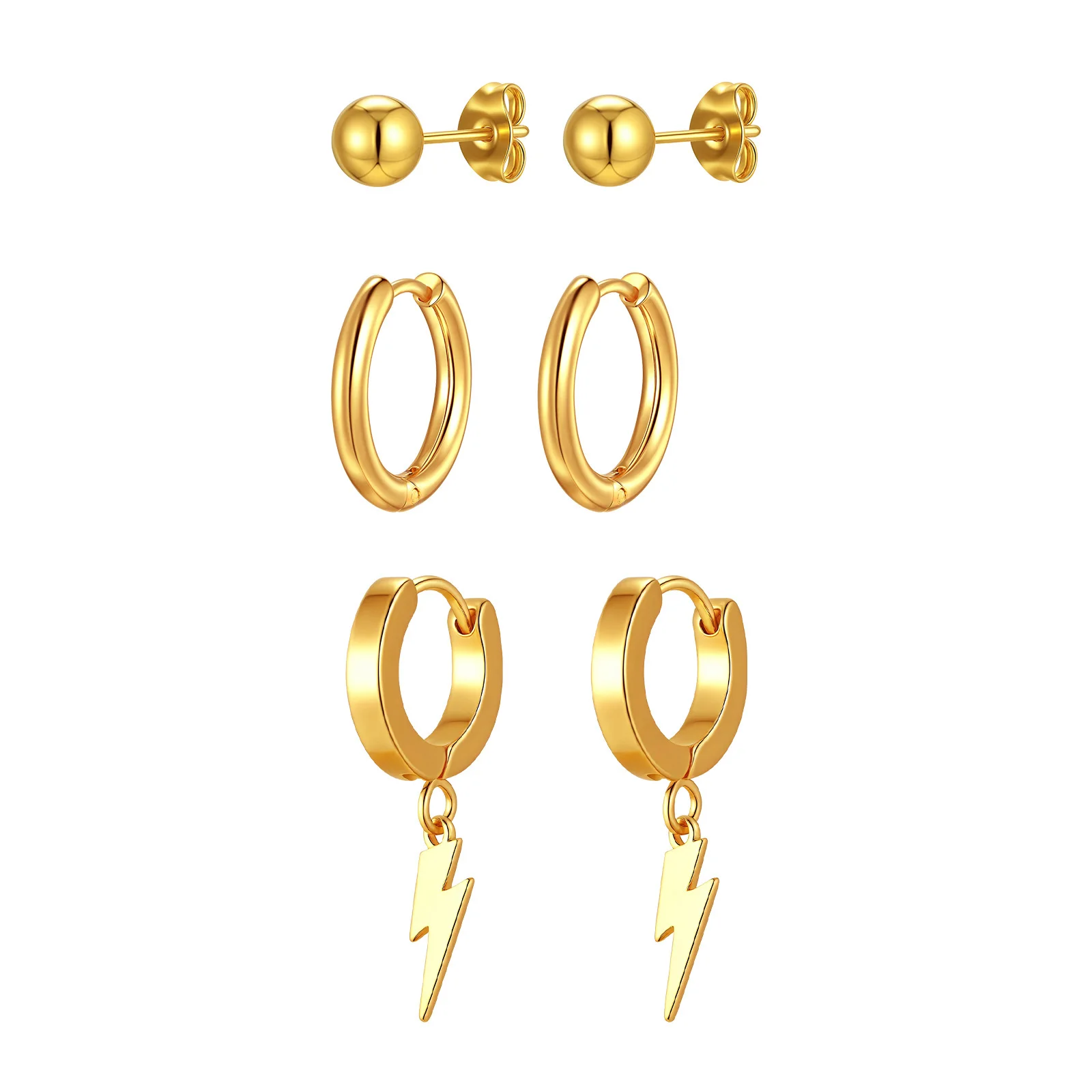 3Pair/set Men's Gold Color Earring,Anti Allergy Stainless Steel Lightning Hoop Earring,Gift for Husband Father BBF Son