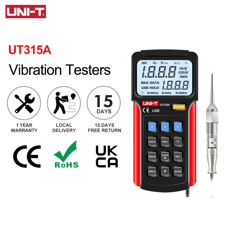 UNI-T UT315A Cyfrowe testery wibracji Przyspieszenie wibracji Pomiar prędkości przemieszczenia USB Connect PC Soft