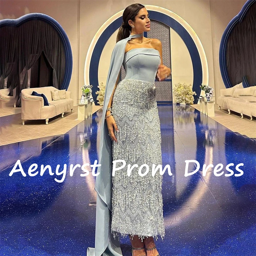 Aenyrst Shiny Strapless Tassel Evening Dresses Mermaid Detachable Scarf Prom Dress Ankle Length Party Gowns Long فساتين السهرة