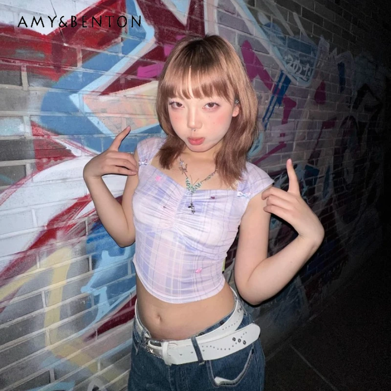 

Original Design Purple Flash Silver Plaid Mesh Women's T-shirt Summer New Square Neck Bow Cute Sweet Short-sleeved Tees Ladies