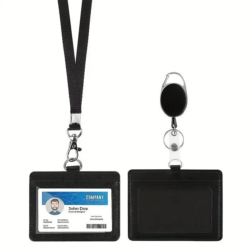 Credit Card Holder Black Color Card Holder Lanyard Solid Color ID Card Holder Retractable Badge Reel Office Supplies