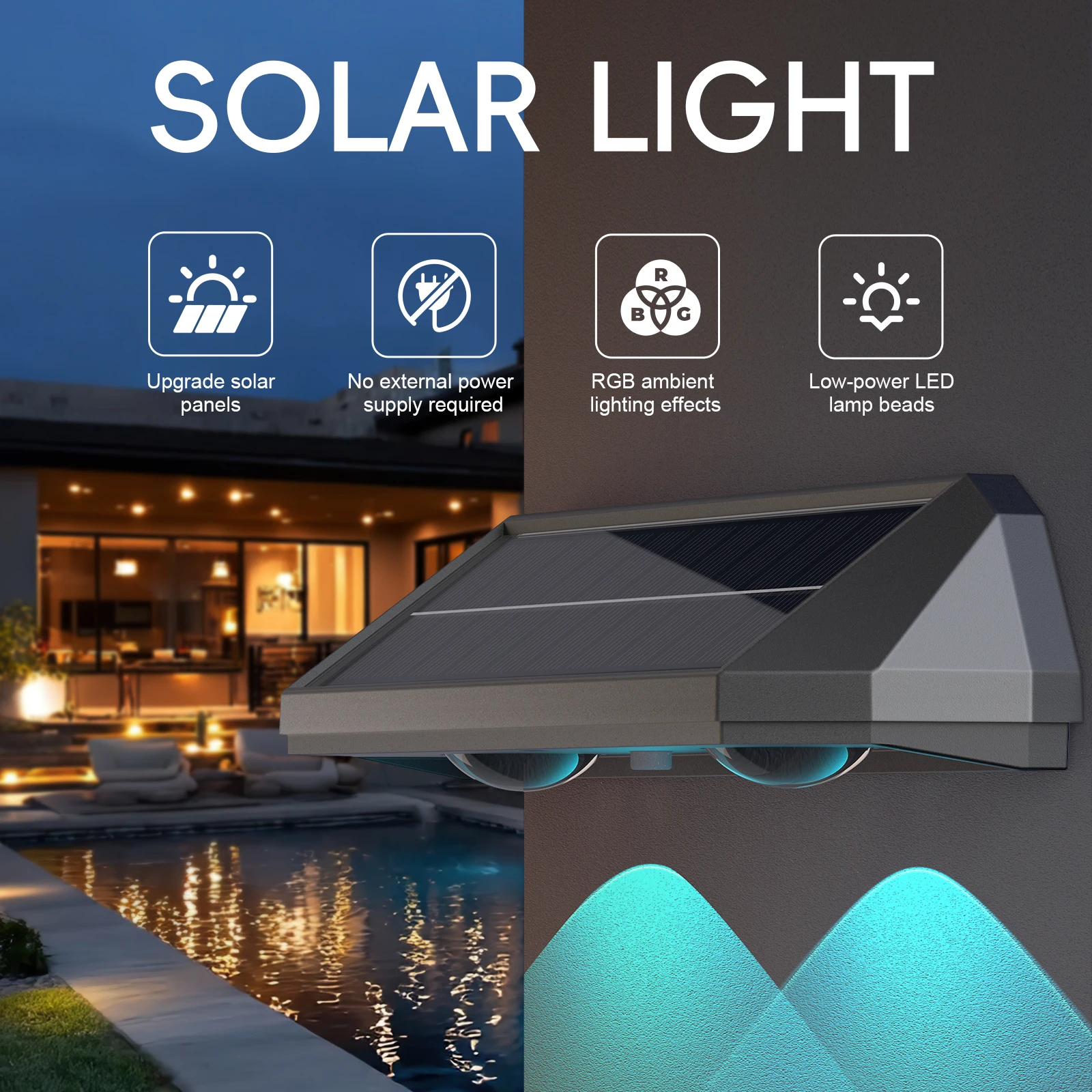 2 Stück RGB-Solar-Wandleuchten für den Außenbereich, lange Akkulaufzeit, tragbare, spritzwassergeschützte Zaunleuchten, solarbetrieben für Garten, Hof, Hinterhof