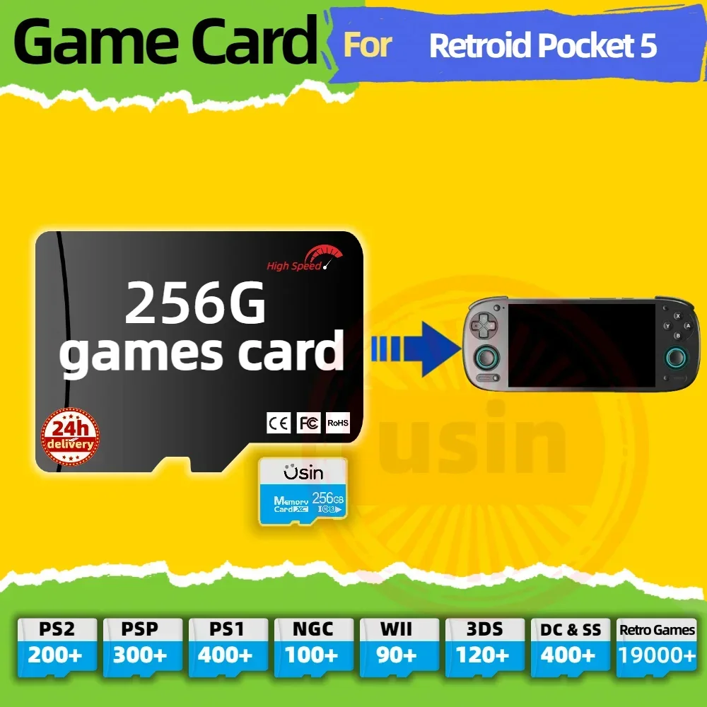 

For Retroid Pocket 5 Pro Plus Retro Handheld Game SD Card 256G High Speed Stable Games Memory Card Preloaded Game 12000+ PSP PS1