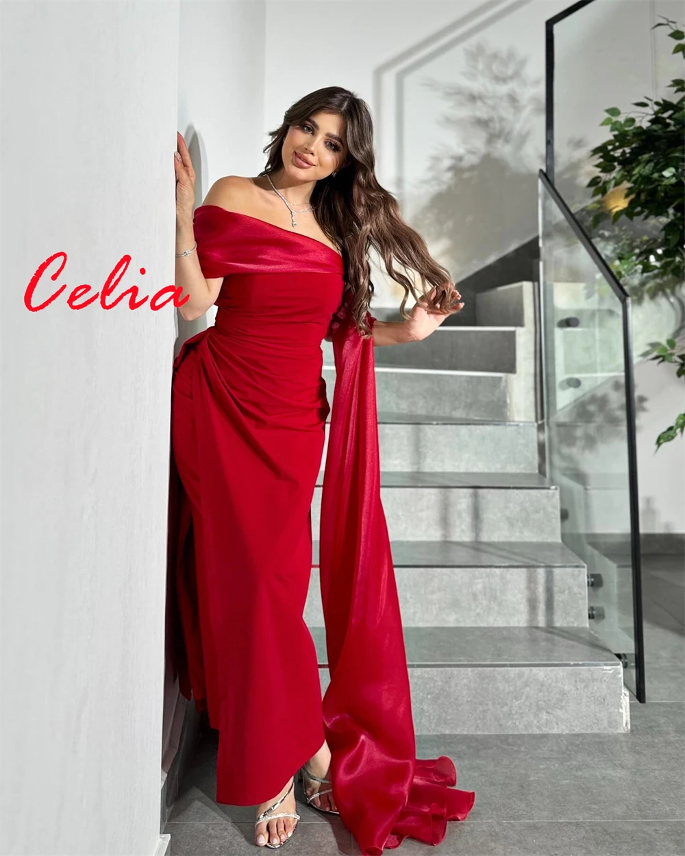 

Customized Luxury Red Jersey Evening Dresses Exquisite Off the Shoulder Celebrity Gowns Temperament Special Occasion Gowns