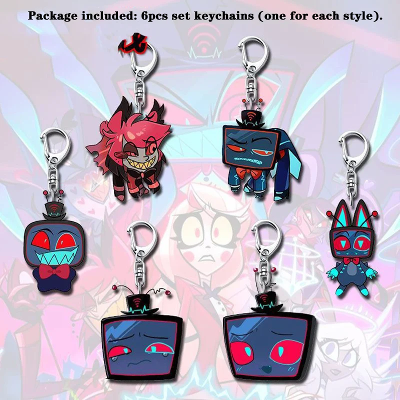 6pcs Set Cosplay Anime Hazbin Hotel Animation Alastor Husk Vox Keychains Key Chain Ring Car Keyring Schoolbag Decor Pendant Toys