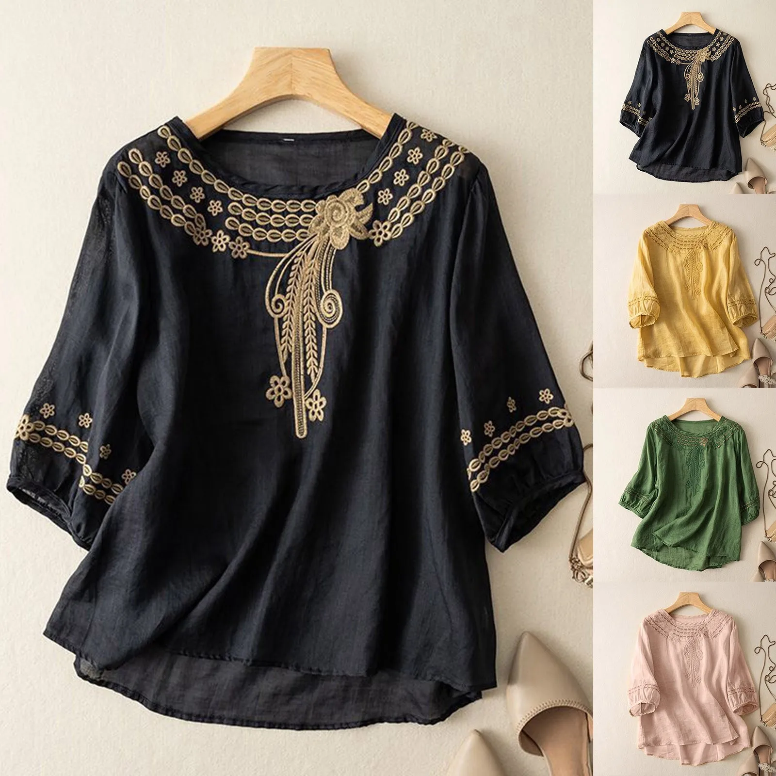 Women\'s Cotton Linen Tops Spring New Fashion Retro Embroidery V Neck Blouse Solid Colour Casual Loose Half Sleeve T Shirt Tops