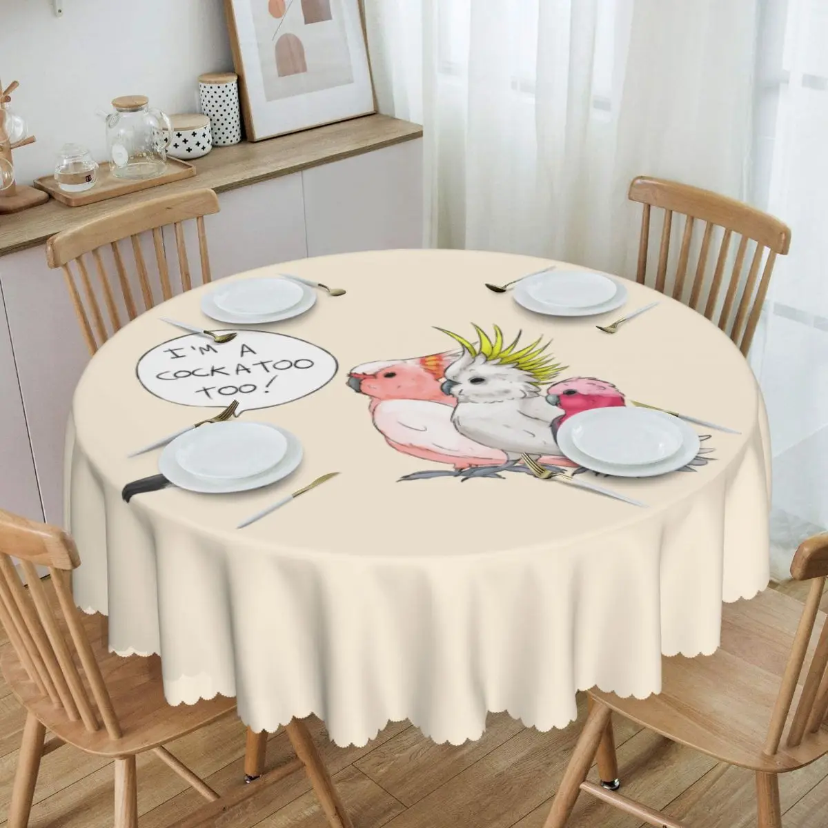 Funny Cockatoo Cockatiel Tablecloth Round Waterproof Parrot Birds Table Cover Cloth for Banquet 60 inch