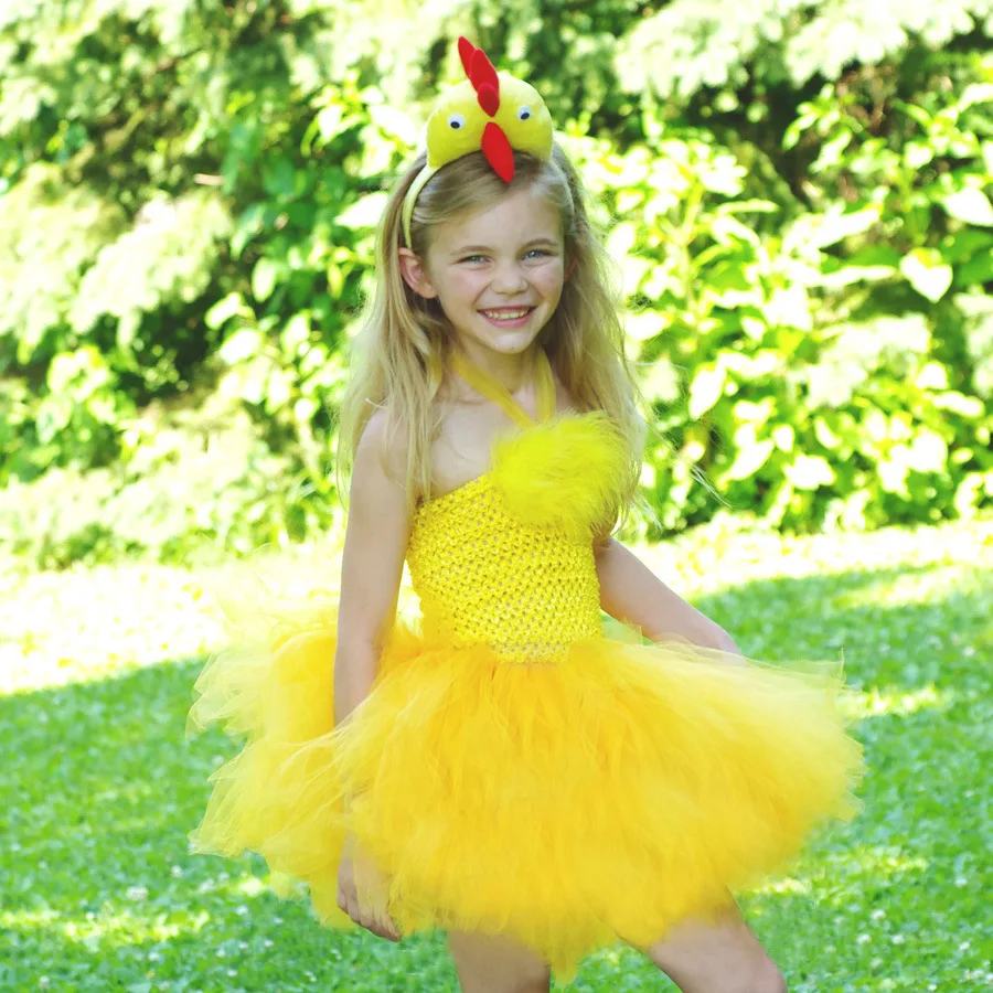 Halloween Kids Cartoon Yellow & White Chicken Short Tutu Dress Girls Light Mesh Gown Children Stage Show Outfit Gathering Attire