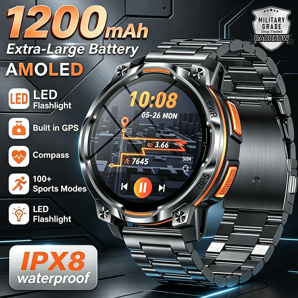 2026 New Men's Smart Watch Bluetooth Call 1200mAh Battery 100 Days Standby Time 1.46 Inch Screen IPX8 Waterproof Motion Tracker