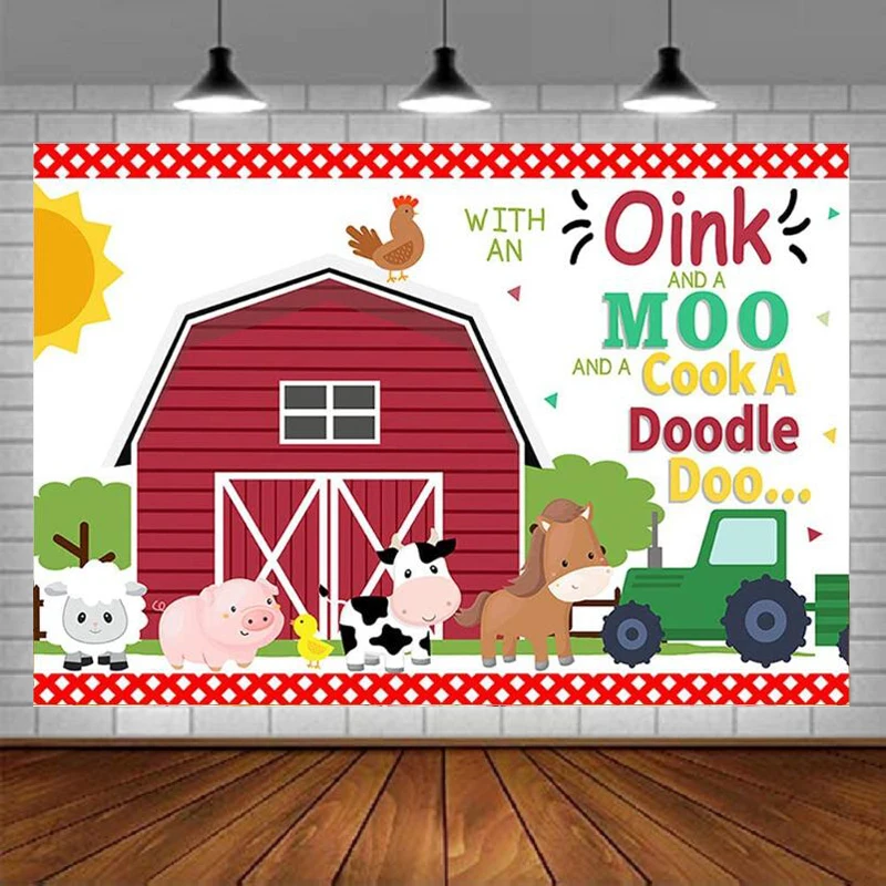 Photography Backdrop Cartoon Farm Red Barn Tractor Animal Children Kids Birthday Party Baby Shower Banner Decoration Background