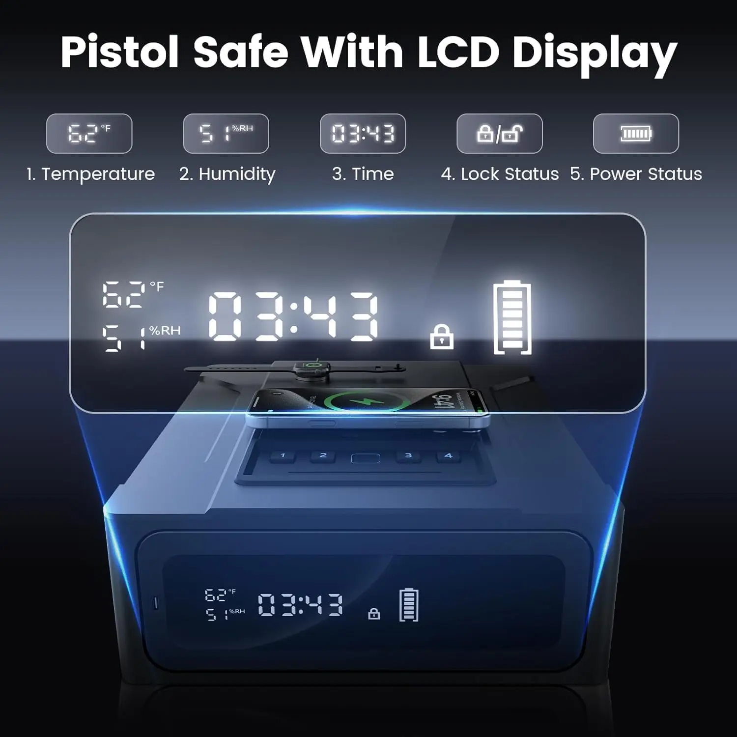 Biometric Gun Safe for Handgun, Nightstand Smart Safes Box with Wireless Charging for Phone and Watch