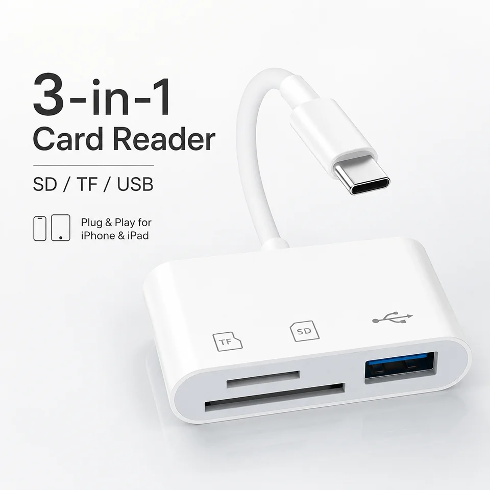 3-in-1 SD TF Card Reader USB C OTG Adapter with USB Port for iPhone 17 16 15 Pro Max iPad MacBook Laptop Android Digital Camera