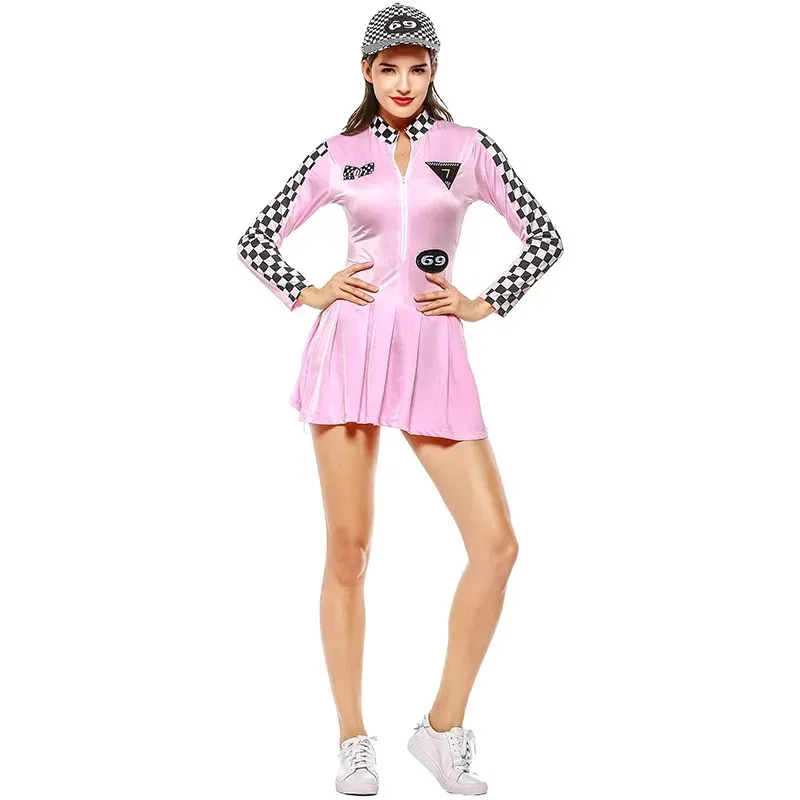 Sexy rojo rosa Miss Indy Super Racer chica disfraz adulto coche de carreras conductor animadora Cosplay rejilla Mini vestido lf [5