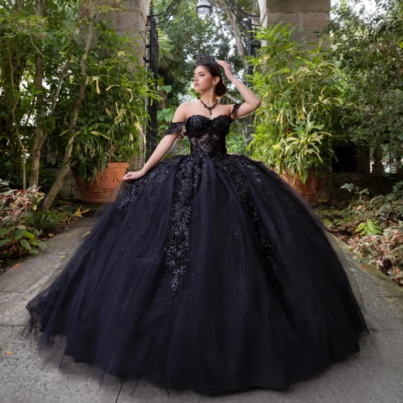 

Shiny Black Quinceanera Dress off-shoulder Crystal Glitter Flower Decal Lace Long tail vestidos de 15 Quinceanera ﻿Customize